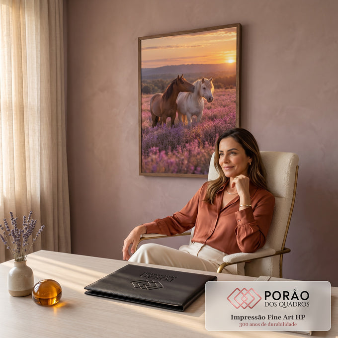 Quadro Decorativo Grande Cavalos para Sala Roxo | quadros decorativos | dois cavalos se afagando em campo de lavanda roxa durante pôr do sol | em ambiente 2 | Porao dos Quadros