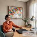 Pintura de árvore da vida com tronco cinza e folhas multicoloridas sobre fundo bege, quadro decorativo