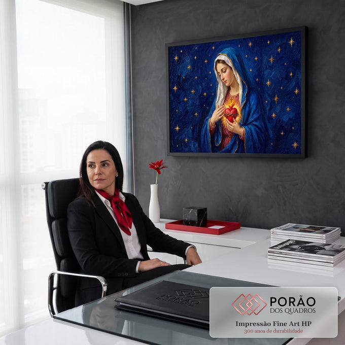 Quadro Decorativo Grande Nossa Senhora do Sagrado para Sala | quadros decorativos | Nossa Senhora de manto azul segurando coração em chamas sob céu estrelado dourado | em ambiente 2 | Porao dos Quadros