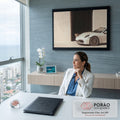Quadro Decorativo Grande Carro Esportivo para Sala Branco | quadros decorativos | carro esportivo branco estacionado com filhote de leão espiando de uma porta escura | em ambiente 2 | Porao dos Quadros