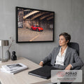 Quadro Decorativo Grande Carro Esportivo Urbano para Sala | quadros decorativos | carro esportivo vermelho com rodas douradas sob ponte de ferro e muro grafitado | em ambiente 2 | Porao dos Quadros