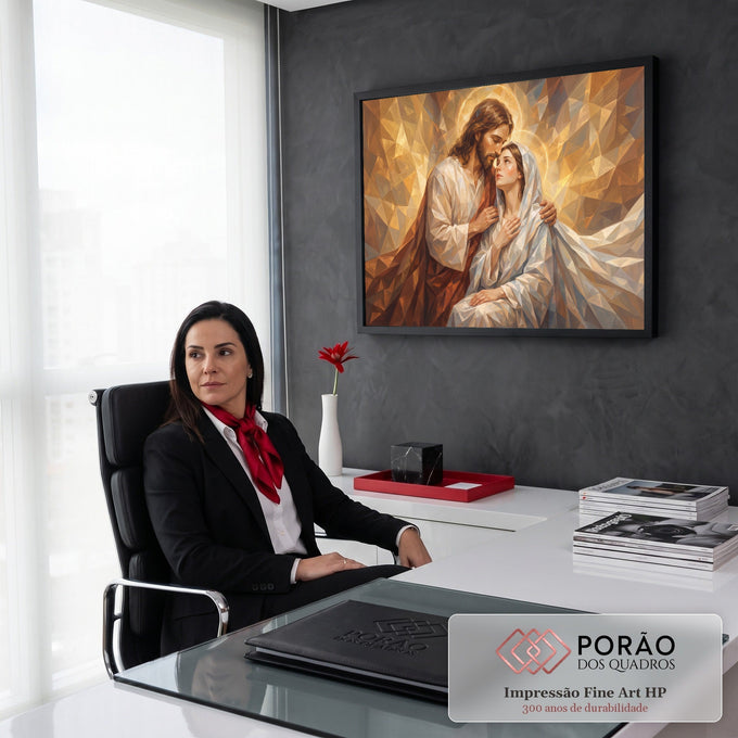 Quadro Decorativo Grande Jesus e Maria para Sala Dourado | quadros decorativos | Jesus abraçando Maria em estilo geométrico dourado com auréolas | em ambiente 2 | Porao dos Quadros