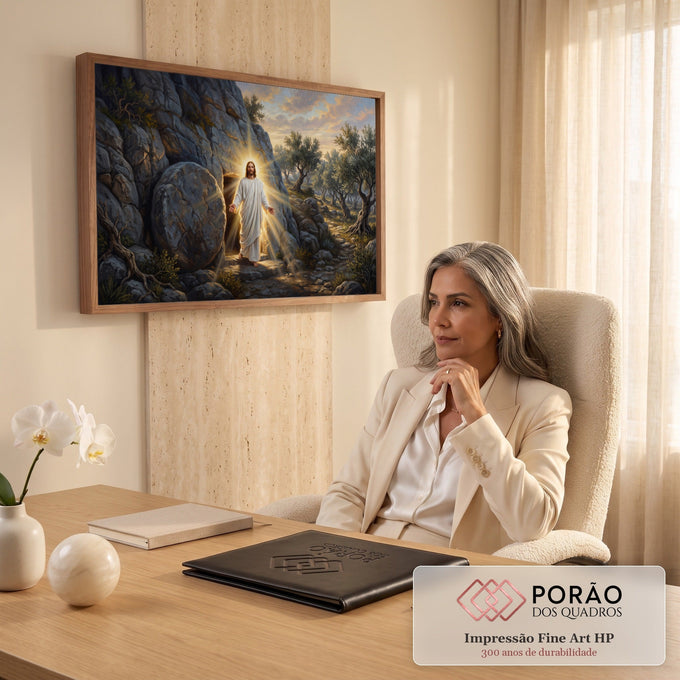 Jesus ressuscitado de túnica branca saindo do túmulo de pedra entre oliveiras e luz dourada, quadro decorativo