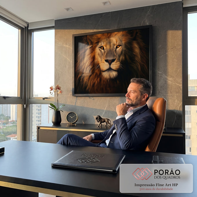 Quadro Decorativo Grande Leão com Olhar para Sala Dourado | quadros decorativos | retrato de leão com juba dourada e olhar fixo sobre fundo preto | em ambiente 2 | Porao dos Quadros