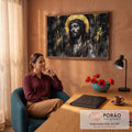 Jesus com coroa de espinhos e halo dourado, tinta dourada escorrendo sobre fundo preto, quadro decorativo