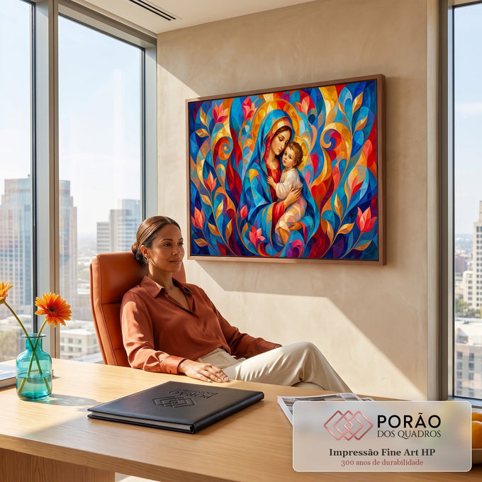 Nossa Senhora abraçando o Menino Jesus, com auréola dourada e flores estilizadas em azul e vermelho, quadro decorativo