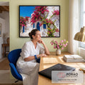 Quadro Decorativo Grande Casa Branca para Sala Branco | quadros decorativos | casa branca mediterrânea com porta azul e flores rosa de buganvília sob céu azul | em ambiente 2 | Porao dos Quadros