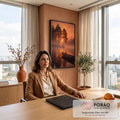 Quadro Decorativo Grande Nascer do Sol para Sala Laranja | quadros decorativos para sala | lago enevoado ao amanhecer com pinheiros em silhueta e barco de madeira ancorado | em Quadros para Sala | Porao dos Quadros