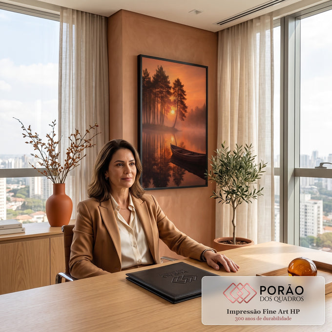Quadro Decorativo Grande Nascer do Sol para Sala Laranja | quadros decorativos para sala | lago enevoado ao amanhecer com pinheiros em silhueta e barco de madeira ancorado | em Quadros para Sala | Porao dos Quadros