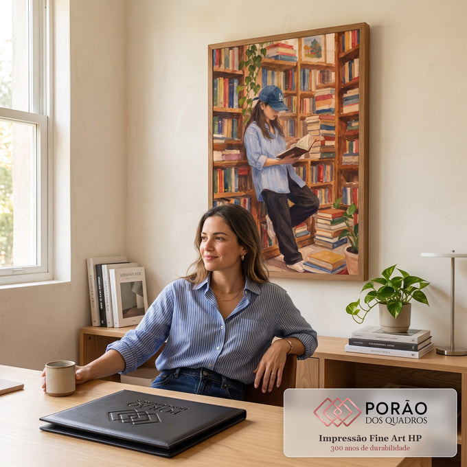 Quadro Decorativo Grande Mulher Lendo para Sala Azul | quadros decorativos | mulher de boné lendo livro em biblioteca com estantes coloridas em aquarela | em ambiente 2 | Porao dos Quadros