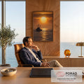 Barco pesqueiro em silhueta navegando sob sol gigante no mar dourado ao entardecer, quadro decorativo