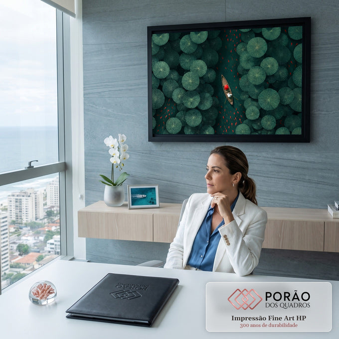 Vista aérea de barco com remador entre folhas de lótus verdes e peixes vermelhos, quadro decorativo