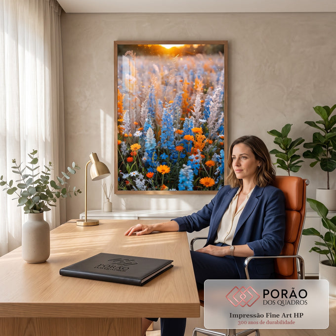 Quadro Decorativo Grande Campo de Flores para Sala Azul | quadros decorativos | campo de flores azuis e laranjas iluminado pelo pôr do sol dourado | em ambiente 2 | Porao dos Quadros
