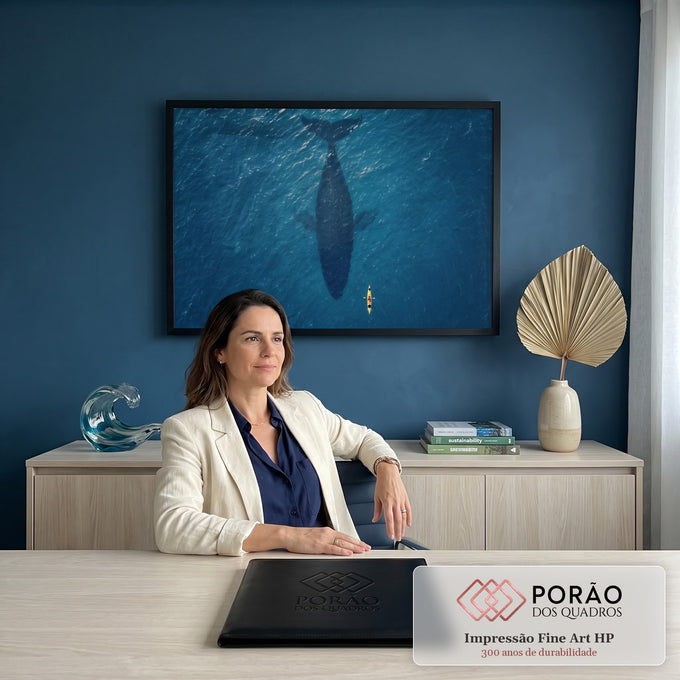 Quadro Decorativo Grande Baleia Vista do Alto para Sala Azul | quadros decorativos | vista aérea de uma baleia nadando ao lado de um caiaque amarelo no mar azul | em ambiente 2 | Porao dos Quadros