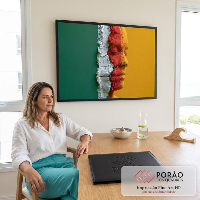Rosto de mulher de olhos fechados em pó branco, vermelho e amarelo rachado sobre verde, quadro decorativo