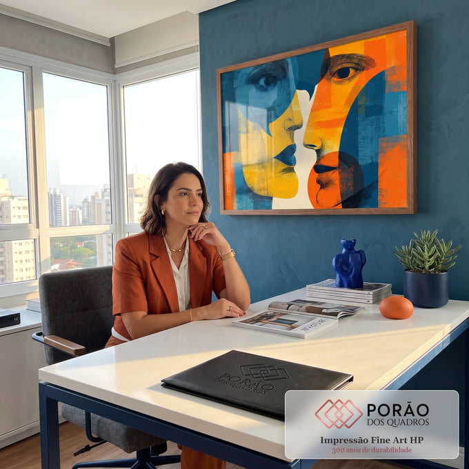 Quadro Decorativo Grande Dois Rostos para Sala Azul | quadros decorativos | dois rostos em perfil em azul, amarelo e laranja estilo pop art gráfico | em ambiente 2 | Porao dos Quadros