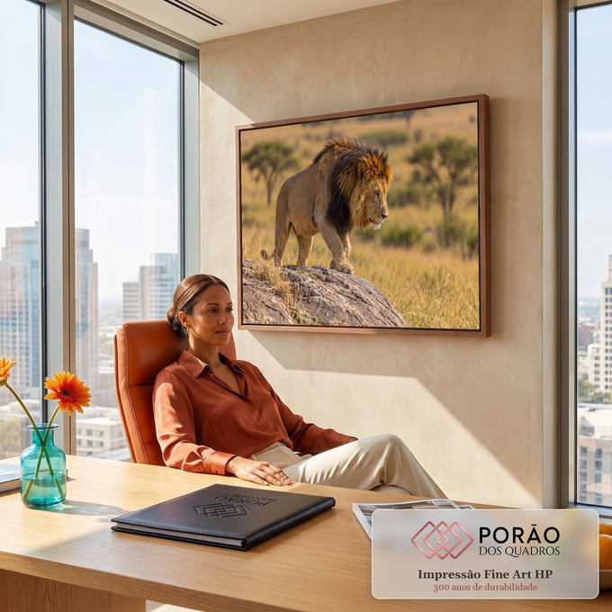 Leão africano de juba negra descendo de uma rocha na savana dourada ao entardecer, quadro decorativo