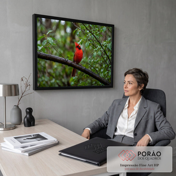 Pássaro cardeal vermelho pousado em galho molhado com folhas verdes e gotas de chuva, quadro decorativo