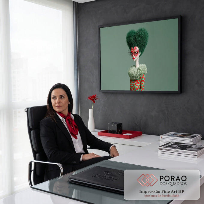 Mulher surreal com cabelo verde em forma de coração, máscara de corações e gola plissada, quadro decorativo