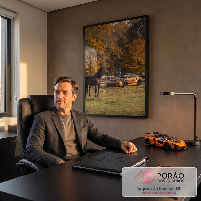 Quadro Decorativo Grande Cavalo e Carro Preto para Sala | quadros decorativos | cavalo preto em pé diante de carro esportivo laranja em cenário de outono | em ambiente 2 | Porao dos Quadros