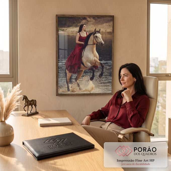 Mulher de vestido vinho montando cavalo baio que galopa na água do lago levantando areia, quadro decorativo