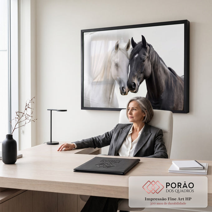 Quadro Decorativo Grande Cavalo e Cavalo para Sala Branco | quadros decorativos | cavalo branco e cavalo preto encostando as cabeças em fundo branco | em ambiente 2 | Porao dos Quadros