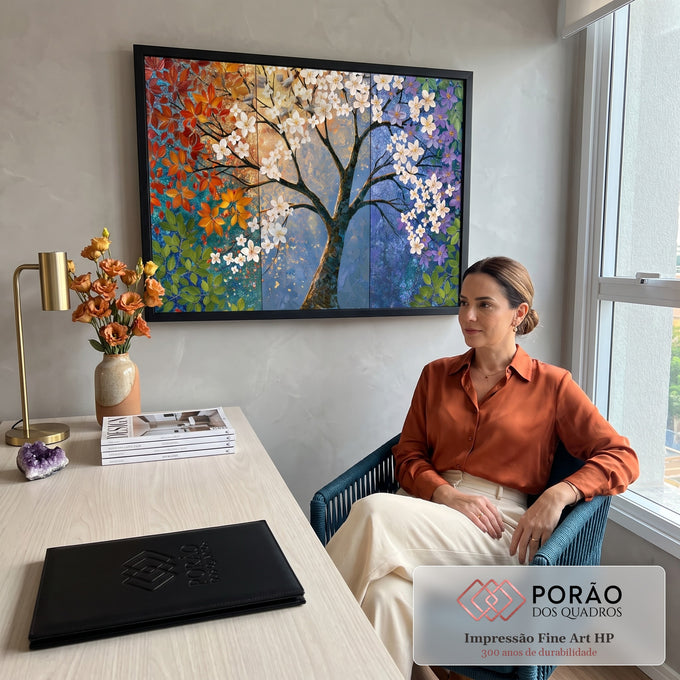 Quadro Decorativo Árvore das Quatro Estações em Tríptico | quadros decorativos | árvore estilizada em tríptico com folhas vermelhas, flores brancas e lilás | em Quadros para Escritorio | Porao dos Quadros