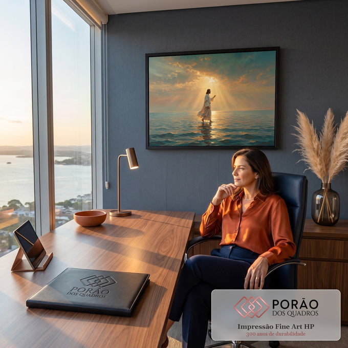 Jesus de manto branco caminhando sobre o mar azul sob raios de sol dourados entre nuvens, quadro decorativo