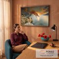 Árvore de frutos vermelhos sobre rochedo à beira-mar com pôr do sol laranja e montanhas, quadro decorativo