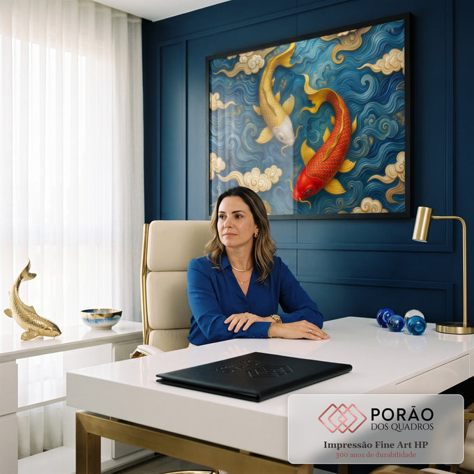 Quadro Decorativo Grande Peixes Koi Dourado para Sala Azul | quadros decorativos | dois peixes koi dourado e vermelho nadando em ondas azuis com nuvens douradas | em ambiente 2 | Porao dos Quadros