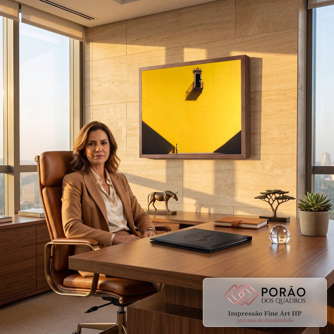 Quadro Decorativo Grande Varanda Amarela para Sala Amarelo | quadros decorativos | parede amarela com varanda de ferro, mulher observando e homem olhando para cima | em ambiente 2 | Porao dos Quadros