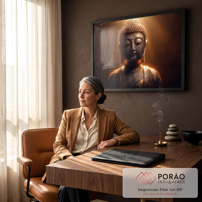 Quadro Decorativo Grande Buda em Meditação para Sala Dourado | quadros decorativos | busto de estátua de Buda em bronze escuro com luz dourada e partículas suspensas | em ambiente 2 | Porao dos Quadros