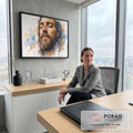 Quadro Decorativo Grande Rosto de Jesus para Sala Azul | quadros decorativos | rosto masculino de olhos fechados com barba longa em aquarela azul e bege | em ambiente 2 | Porao dos Quadros