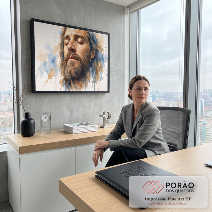 Quadro Decorativo Grande Rosto de Jesus para Sala Azul | quadros decorativos | rosto masculino de olhos fechados com barba longa em aquarela azul e bege | em ambiente 2 | Porao dos Quadros