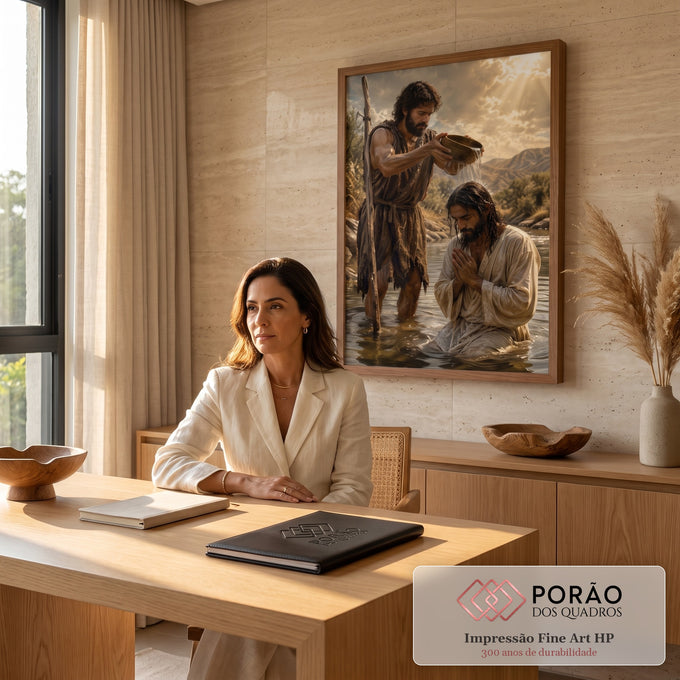 Quadro Decorativo Grande Batismo de Jesus para Sala Marrom | quadros decorativos | homem derramando água sobre outro ajoelhado em oração durante cena de batismo à beira de rio | em ambiente 2 | Porao dos Quadros