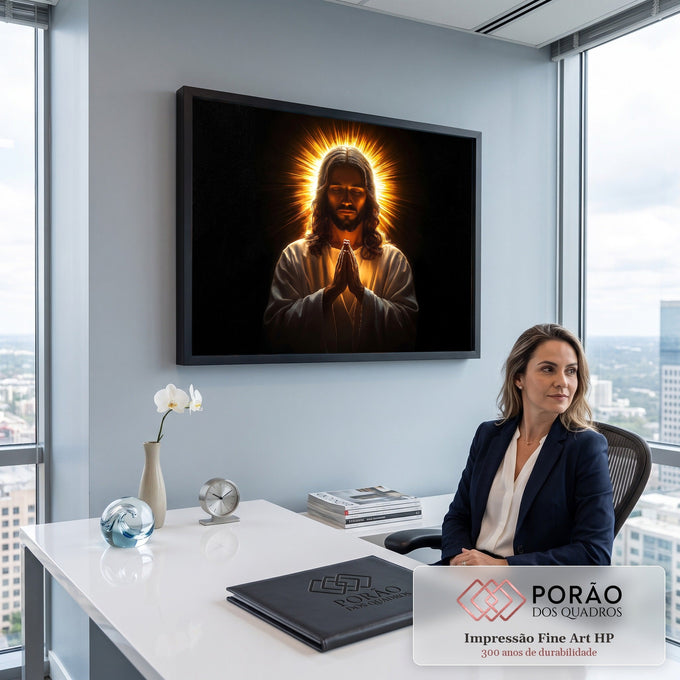 Jesus de olhos fechados e mãos unidas em oração, com halo de luz dourada em fundo preto, quadro decorativo
