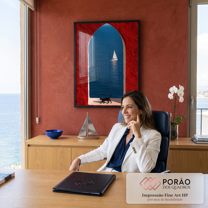 Arco vermelho com vista para o mar azul, veleiro branco e gato preto no parapeito, quadro decorativo
