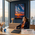 Pôr do sol laranja sobre mar com ilhas, lua crescente e Via Láctea no céu estrelado, quadro decorativo