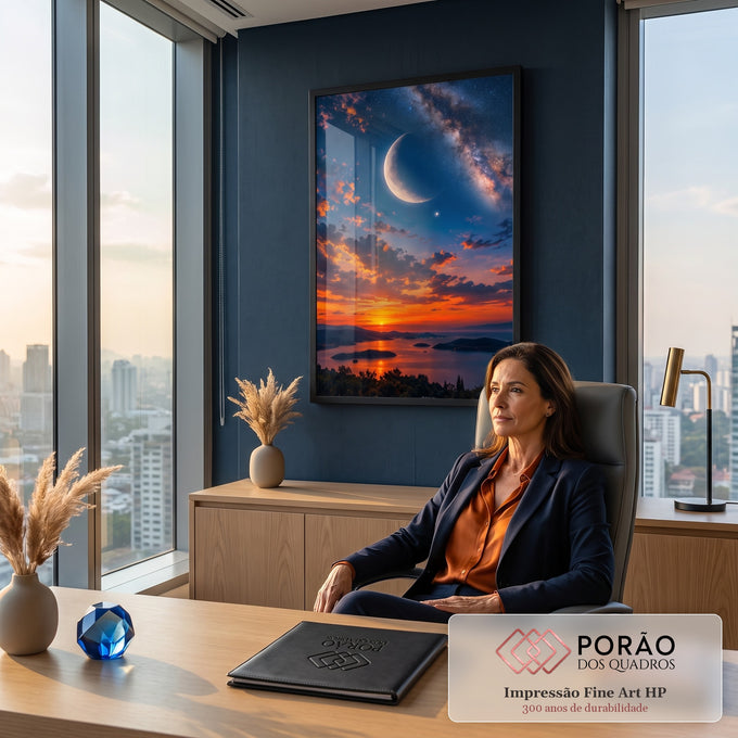 Pôr do sol laranja sobre mar com ilhas, lua crescente e Via Láctea no céu estrelado, quadro decorativo