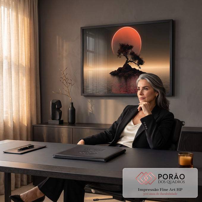 Quadro Decorativo Grande Árvore Solitária para Sala Preto | quadros decorativos | árvore solitária em ilha de pedra com sol vermelho gigante refletido no mar escuro | em ambiente 2 | Porao dos Quadros
