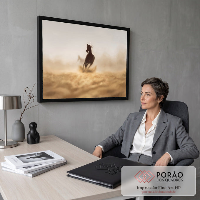 Quadro Decorativo Grande Cavalo Correndo para Sala Marrom | quadros decorativos | cavalo marrom correndo em silhueta com crina ao vento e poeira dourada | em ambiente 2 | Porao dos Quadros