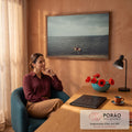 Quadro Decorativo Grande Mulher de Vestido para Sala Cinza | quadros decorativos | mulher de vestido vermelho montada em cavalo bege andando na água da praia | em ambiente 2 | Porao dos Quadros