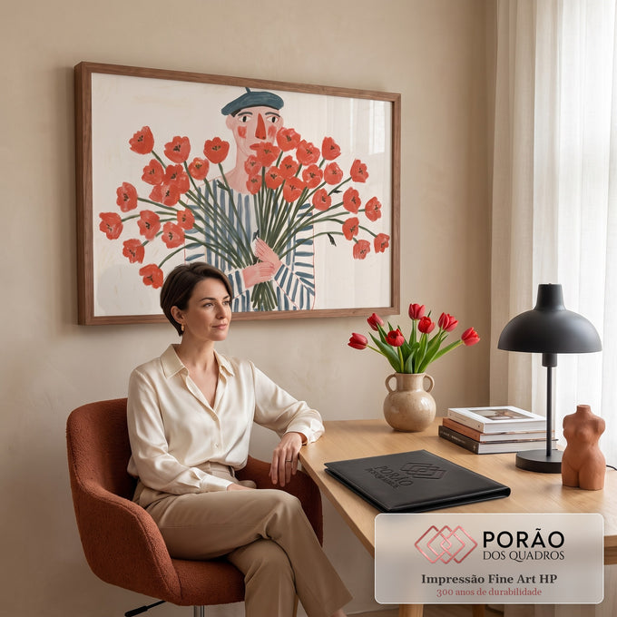Quadro Decorativo Grande Pessoa de Boina para Sala Vermelho | quadros decorativos | figura de boina segurando grande buquê de flores vermelhas sobre fundo bege | em ambiente 2 | Porao dos Quadros