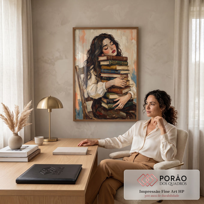Quadro Decorativo Grande Mulher Dormindo Bege para Sala | quadros decorativos | mulher adormecida sobre pilha de livros antigos em tons pastéis | em ambiente 2 | Porao dos Quadros