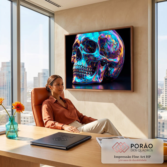 Quadro Decorativo Grande Caveira Holográfica para Sala Azul | quadros decorativos | caveira de cristal facetado em cores holográficas azul, roxo e dourado | em ambiente 2 | Porao dos Quadros