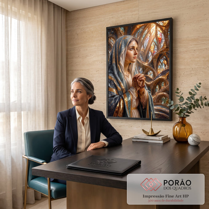 Quadro Decorativo Grande Nossa Senhora em Mosaico para Sala | quadros decorativos | mulher de véu azul rezando com terço em mosaico dourado e vitrais ao fundo | em ambiente 2 | Porao dos Quadros