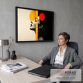 Perfil de mulher em preto e branco com círculos amarelo e vermelho em colagem Bauhaus, quadro decorativo