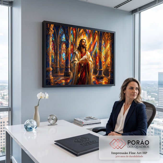 Jesus com pomba branca nas mãos em catedral gótica de vitrais coloridos, estilo mosaico, quadro decorativo