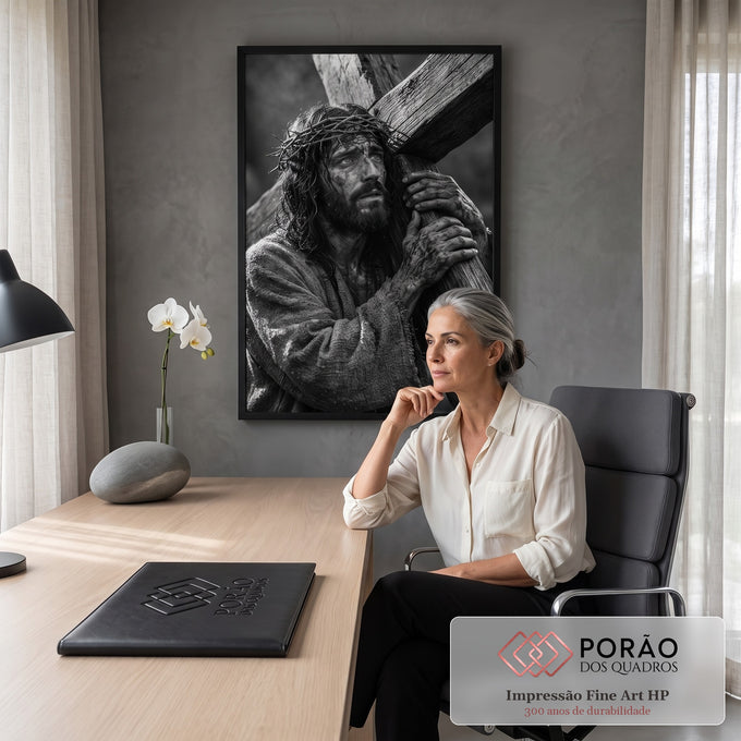 Quadro Decorativo Grande Jesus Cristo Cruz para Sala | quadros decorativos | homem com coroa de espinhos carregando cruz de madeira, imagem em preto e branco | em ambiente 2 | Porao dos Quadros
