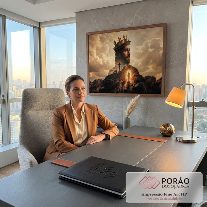 Quadro Decorativo Grande Jesus Coroa Dourada para Sala | quadros decorativos | rosto de Jesus com coroa de espinhos e dourada sobre montanha com três cruzes e túmulo iluminado | em ambiente 2 | Porao dos Quadros